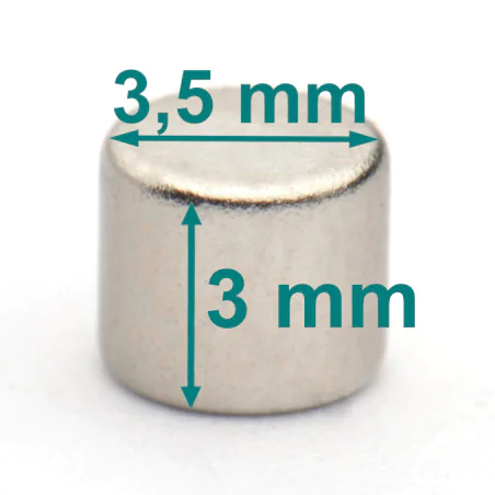 Mały magnes neodymowy — średnica 3,5 mm, wysokość 3 mm — N38