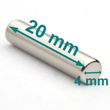 Magnes walcowy — średnica ⌀4 mm, wysokość 20 mm — neodymowy (N38)