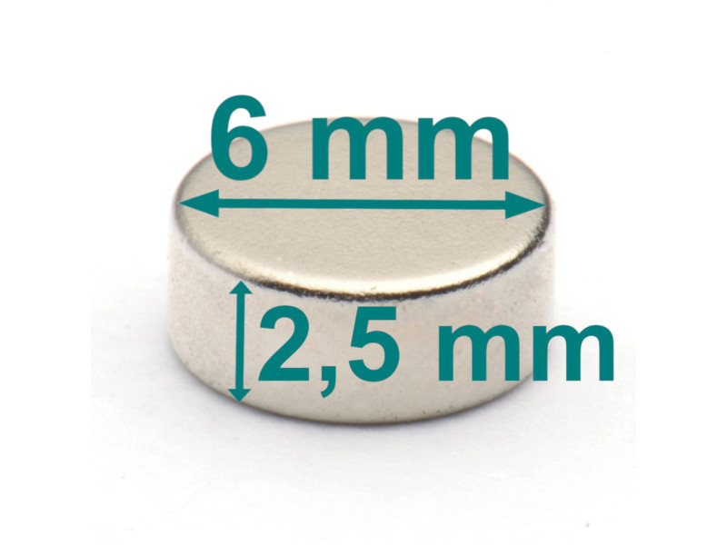 Magnesowany wzdłuż średnicy ⌀6 mm, wysokość 2,5 mm — magnes neodymowy (N35H)