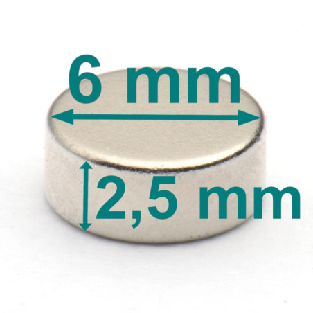 Magnesowany wzdłuż średnicy ⌀6 mm, wys. 2,5 mm — magnes neodymowy (N35H)