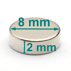 Magnes — średnica ⌀8 mm, grubość 2 mm — neodymowy (N38)