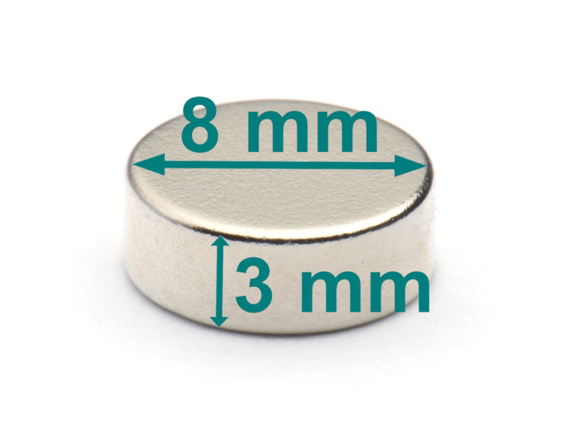 Magnes — średnica ⌀8 mm, grubość 3 mm — neodymowy N38SH