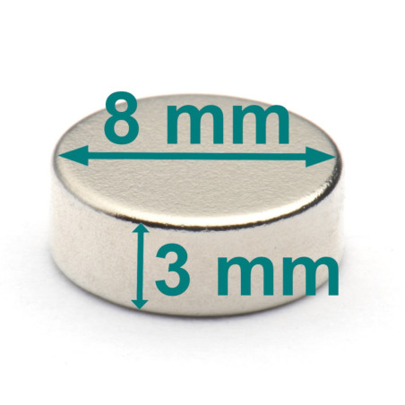 Magnes — średnica ⌀8 mm, grubość 3 mm — neodymowy (N38SH)
