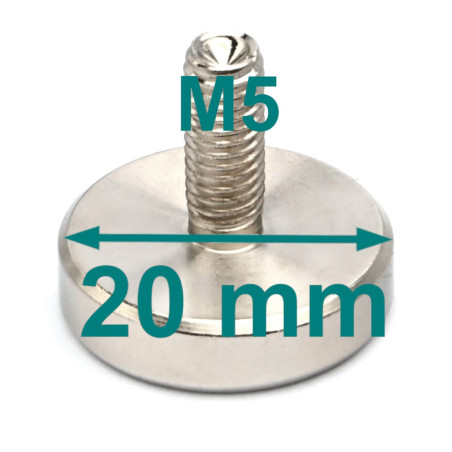 Magnes w obudowie — średnica ⌀20 mm, z gwintowanym trzpieniem M5, wys. 18 mm — neodymowy