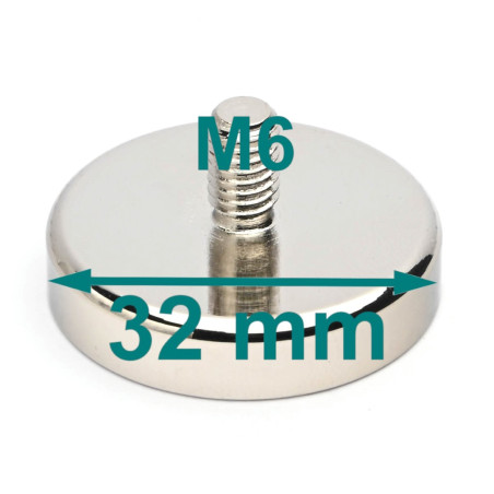 Magnes w obudowie — ⌀32 mm, z gwintowanym trzpieniem M6 — neodymowy