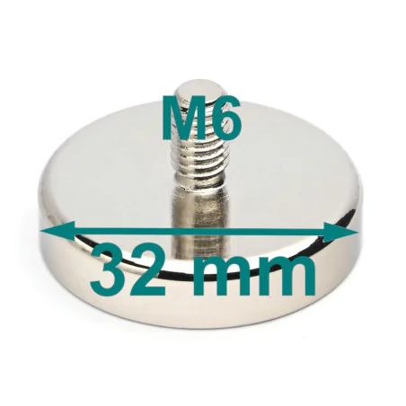 Magnes w obudowie — średnica ⌀32 mm, z gwintowanym trzpieniem M6 — neodymowy