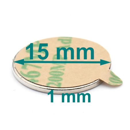 Magnes samoprzylepny — średnica ⌀15 mm, grubość 1 mm — klej 3M — neodymowy (N38)
