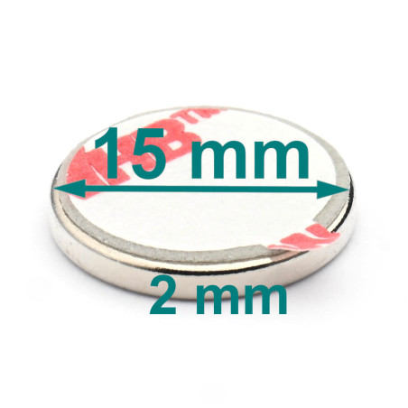 Magnes samoprzylepny — średnica ⌀15 mm, grubość 2 mm — z klejem 3M — neodymowy (N38)