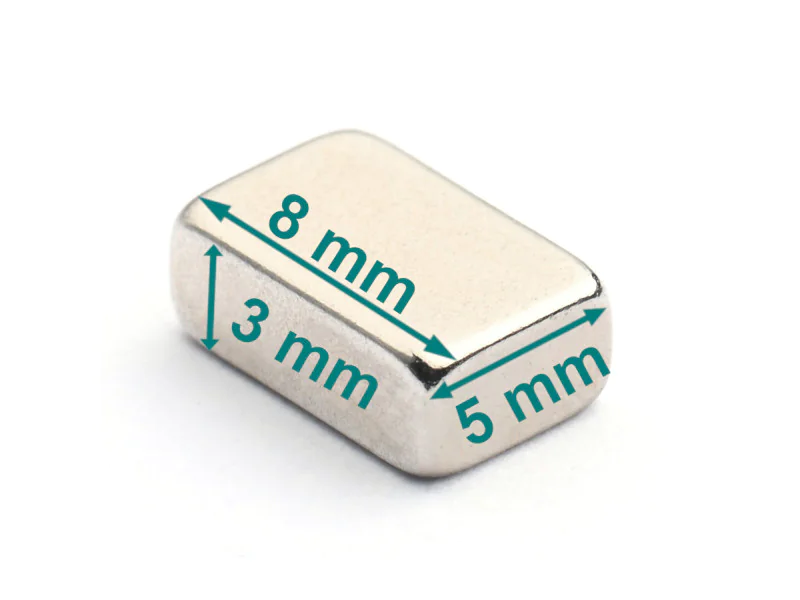 Magnes neodym — dł. 8 mm, szer. 5 mm, wys. 3 mm — N38 Magnes neodym — dł. 8 mm, szer. 5 mm, wys. 3 mm — N38