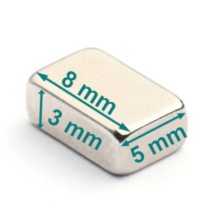 Magnes neodym — dł. 8 mm, szer. 5 mm, wys. 3 mm — N38
