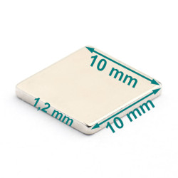 Magnes neodymowy — długość 10 mm, szerokość 10 mm, wysokość 1,2 mm — materiał N38