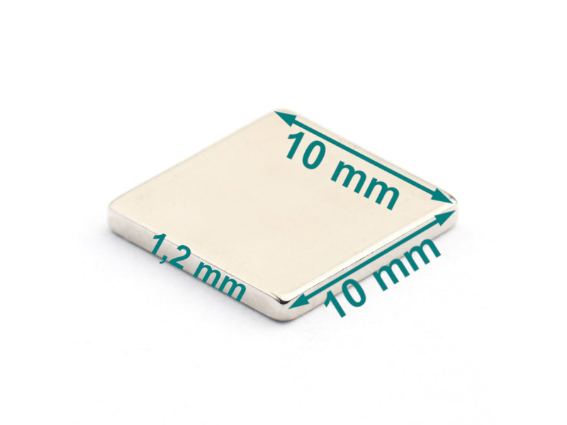 Magnes neodymowy — długość 10 mm, szerokość 10 mm, wysokość 1,2 mm — materiał N38