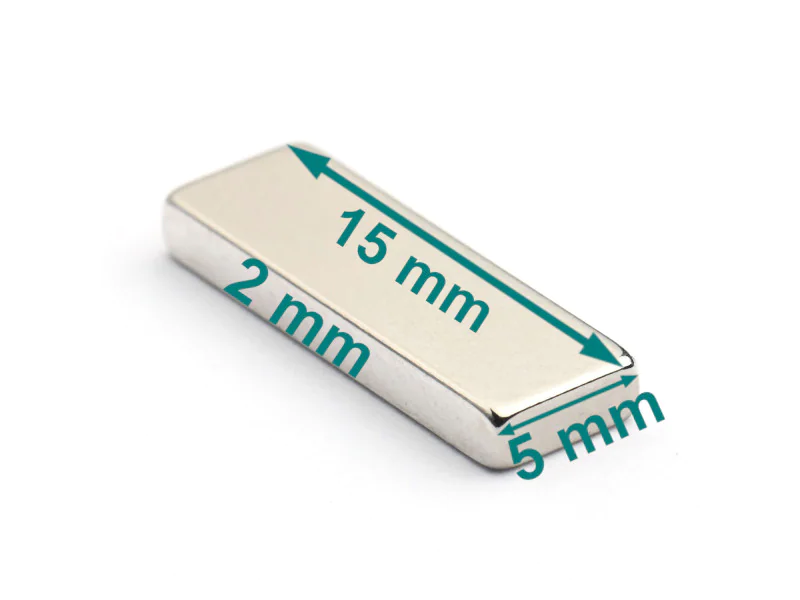 Magnes — długość 15 mm, szerokość 5 mm, wysokość 2 mm — neodymowy (N38) Magnes — długość 15 mm, szerokość 5 mm, wysokość 2 mm — neodymowy (N38)