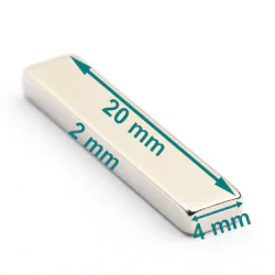Magnes — długość 20 mm, szerokość 4 mm, wysokość 2 mm — neodymowy (N38)