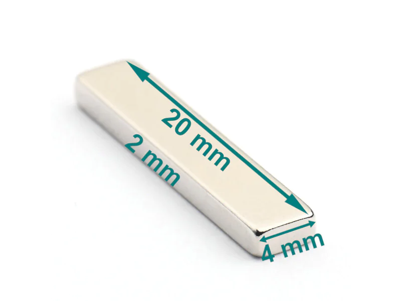 Magnes — długość 20 mm, szerokość 4 mm, wysokość 2 mm — neodymowy (N38) Magnes — długość 20 mm, szerokość 4 mm, wysokość 2 mm — neodymowy (N38)