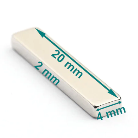 Magnes — długość 20 mm, szerokość 4 mm, wysokość 2 mm — neodymowy (N38)