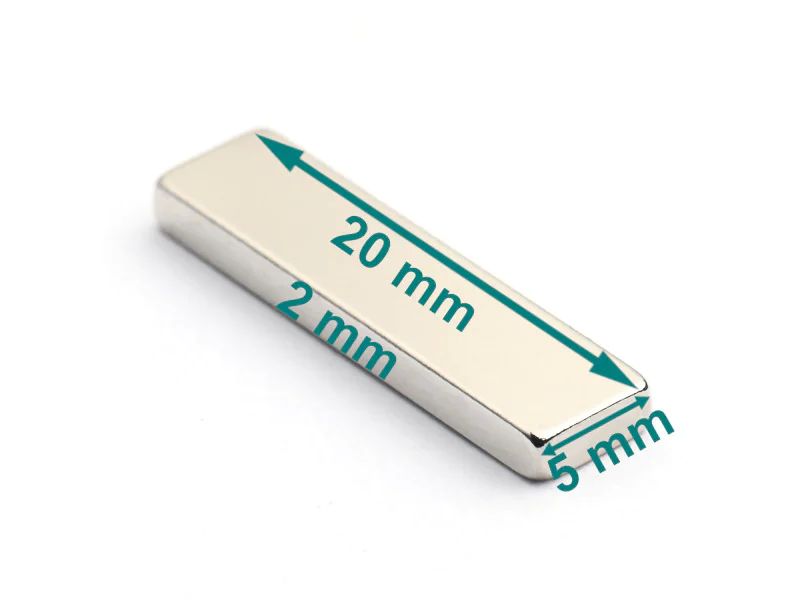 Magnes — długość 20 mm, szerokość 5 mm, wysokość 2 mm — neodymowy (N38) Magnes — długość 20 mm, szerokość 5 mm, wysokość 2 mm — neodymowy (N38)