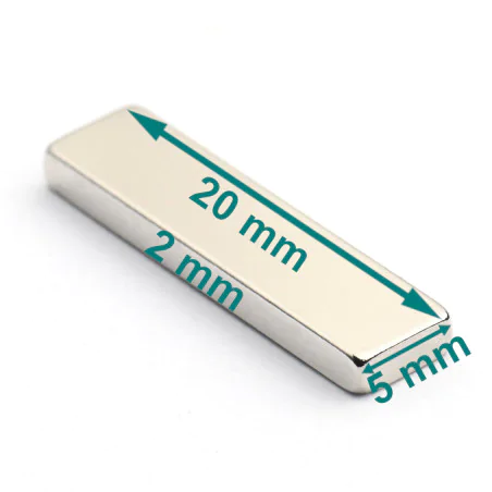 Magnes — długość 20 mm, szerokość 5 mm, wysokość 2 mm — neodymowy (N38)