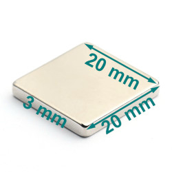 Magnes neodymowy — długość 20 mm, szerokość 20 mm, wysokość 3 mm — materiał N38