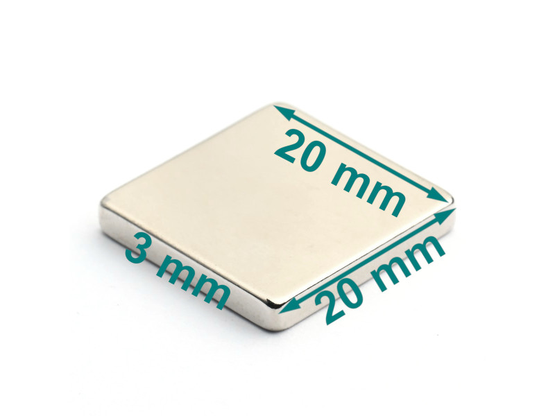 Magnes neodymowy — długość 20 mm, szerokość 20 mm, wysokość 3 mm — materiał N38