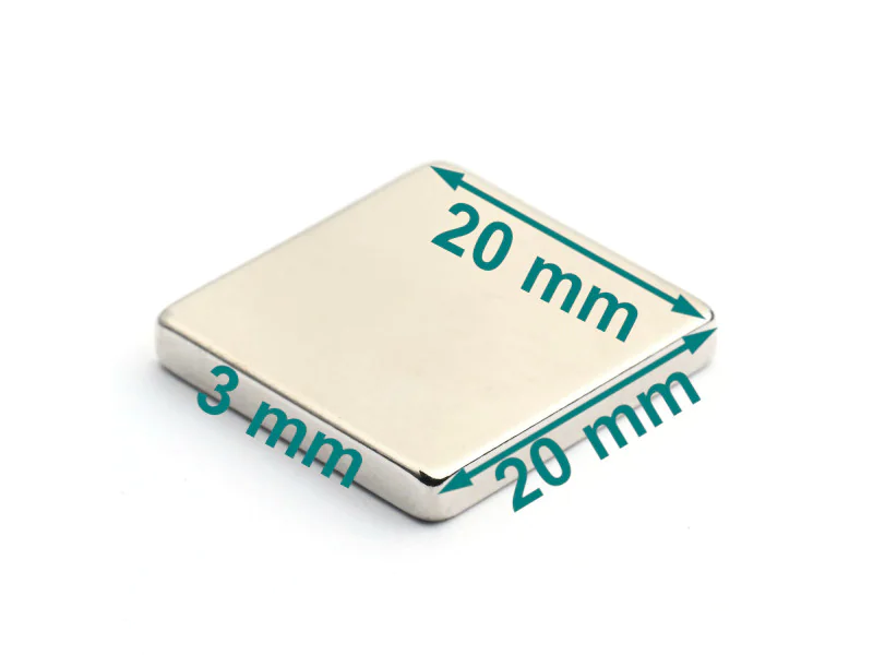 Magnes — długość 20 mm, szerokość 20 mm, wysokość 3 mm — neodymowy (N38) Magnes — długość 20 mm, szerokość 20 mm, wysokość 3 mm — neodymowy (N38)
