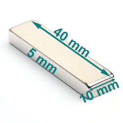 Magnes neodymowy — długość 40 mm, szerokość 10 mm, wysokość 5 mm — materiał N38