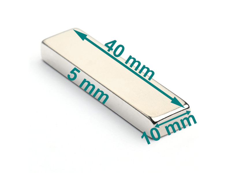 Magnes neodymowy — długość 40 mm, szerokość 10 mm, wysokość 5 mm — materiał N38