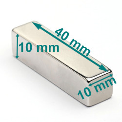 Magnes neodymowy — długość 40 mm, szerokość 10 mm, wysokość 10 mm — materiał N38