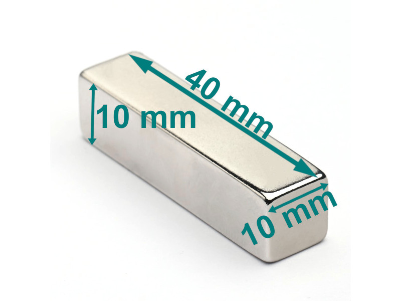 Magnes neodymowy — długość 40 mm, szerokość 10 mm, wysokość 10 mm — materiał N38