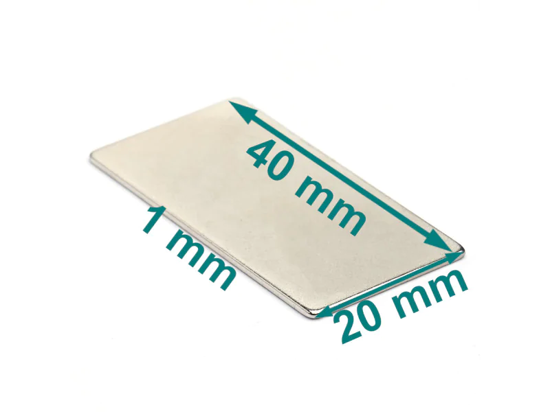 Cienki magnes — dł. 40 mm, szer. 20 mm, wys. 1 mm — neodymowy (N38) Cienki magnes — dł. 40 mm, szer. 20 mm, wys. 1 mm — neodymowy (N38)