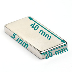 Magnes neodymowy — długość 40 mm, szerokość 20 mm, wysokość 5 mm — materiał N38