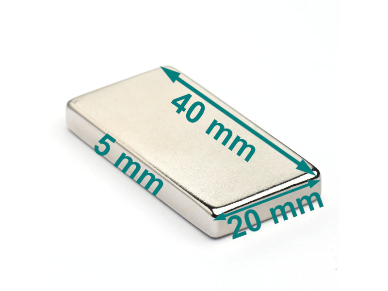Magnes neodymowy — długość 40 mm, szerokość 20 mm, wysokość 5 mm — materiał N38