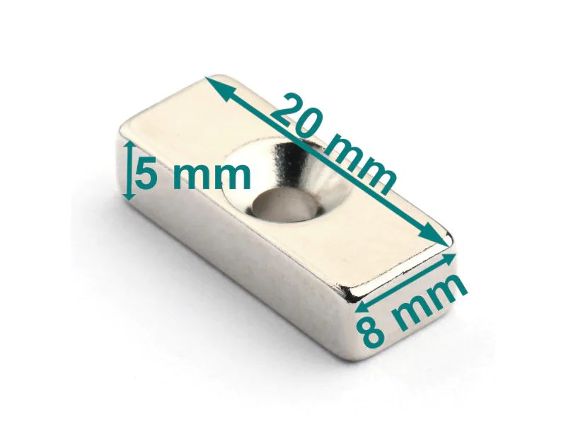 Magnes płytkowy, pod wkręt — wymiary 20x8x5 mm — neodymowy (N38) Magnes płytkowy, pod wkręt — wymiary 20x8x5 mm — neodymowy (N38)
