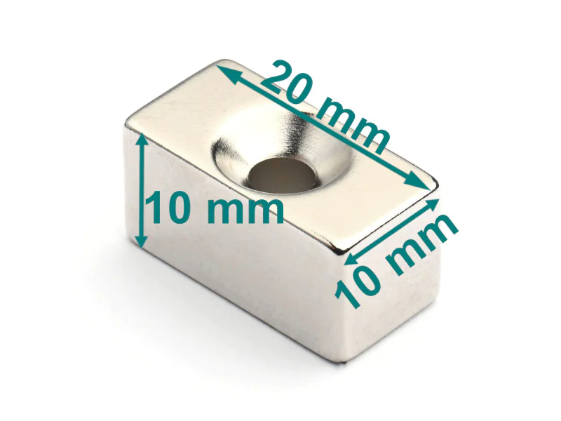 Magnes płytkowy, pod wkręt — wymiary 20x10x10 mm — neodymowy (N38) Magnes płytkowy, pod wkręt — wymiary 20x10x10 mm — neodymowy (N38)