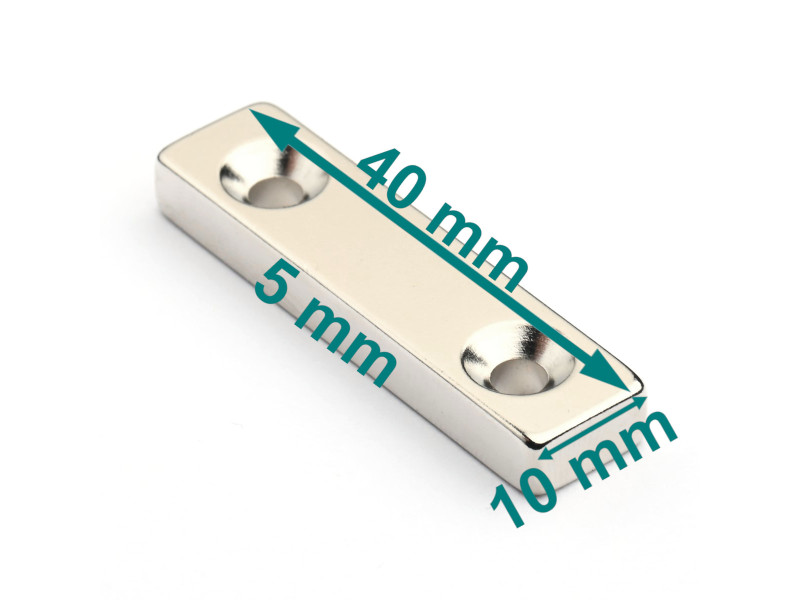 Magnes płytkowy, pod wkręt — wymiary 40x10x5 mm — neodymowy (N38)