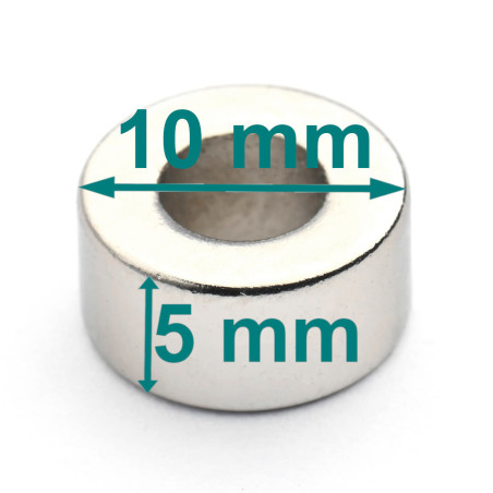 Magnes — średnica ⌀10 mm (kierunek magnesowania), otwór ⌀5 mm, wysokość 5 mm — magnes neodymowy (N35H)