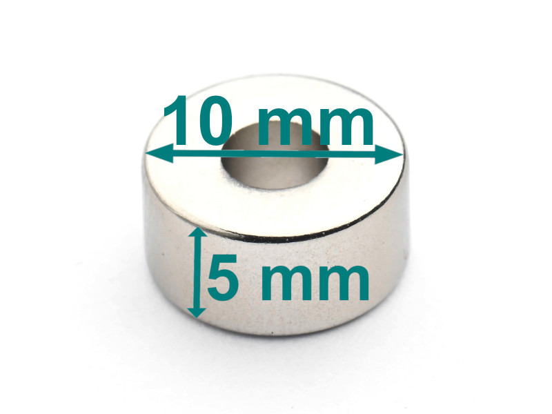 Magnes — średnica ⌀10 mm, otwór ⌀4 mm, grubość 5 mm — neodymowy (N38)