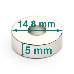 Magnes — średnica ⌀14,8 mm, otwór ⌀5,2 mm, grubość 5 mm — neodymowy (N38)