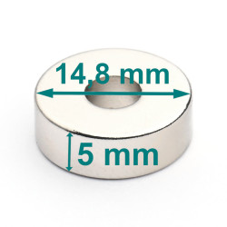 Magnes — średnica ⌀14,8 mm, otwór ⌀5,2 mm, grubość 5 mm — neodymowy (N38)