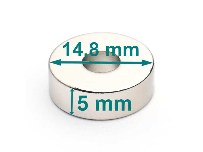 Magnes — średnica ⌀14,8 mm, otwór ⌀5,2 mm, grubość 5 mm — neodymowy (N38)