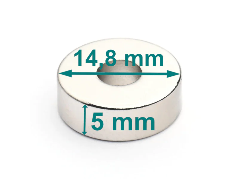 Magnes — średnica ⌀14,8 mm, otwór ⌀5,2 mm, grubość 5 mm — neodymowy (N38) Magnes — średnica ⌀14,8 mm, otwór ⌀5,2 mm, grubość 5 mm — neodymowy (N38)