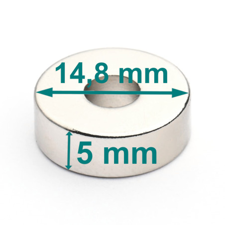 Magnes — średnica ⌀14,8 mm, otwór ⌀5,2 mm, grubość 5 mm — neodymowy (N38)