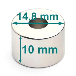 Magnes — średnica ⌀14,8 mm, otwór ⌀5,2 mm, grubość 10 mm — neodymowy (N38)