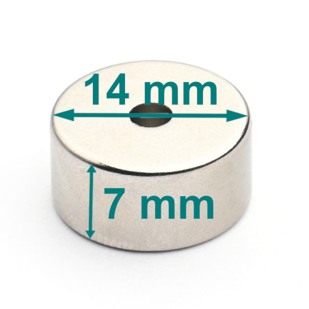 Magnes okrągły z dziurką — średnica ⌀14 mm, ⌀3 mm, wys. 7 mm — neodymowy (N35H)