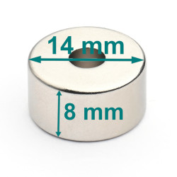 Magnes neodymowy — średnica ⌀15 mm, otwór ⌀4,55 mm, grubość 8 mm — N38