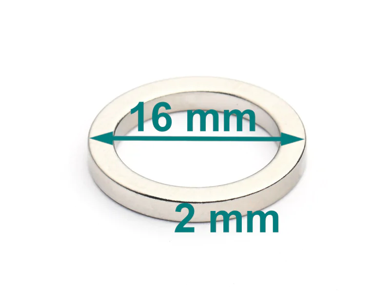 Magnes — średnica ⌀16 mm, otwór ⌀12 mm, grubość 2 mm — neodymowy (N38) Magnes — średnica ⌀16 mm, otwór ⌀12 mm, grubość 2 mm — neodymowy (N38)