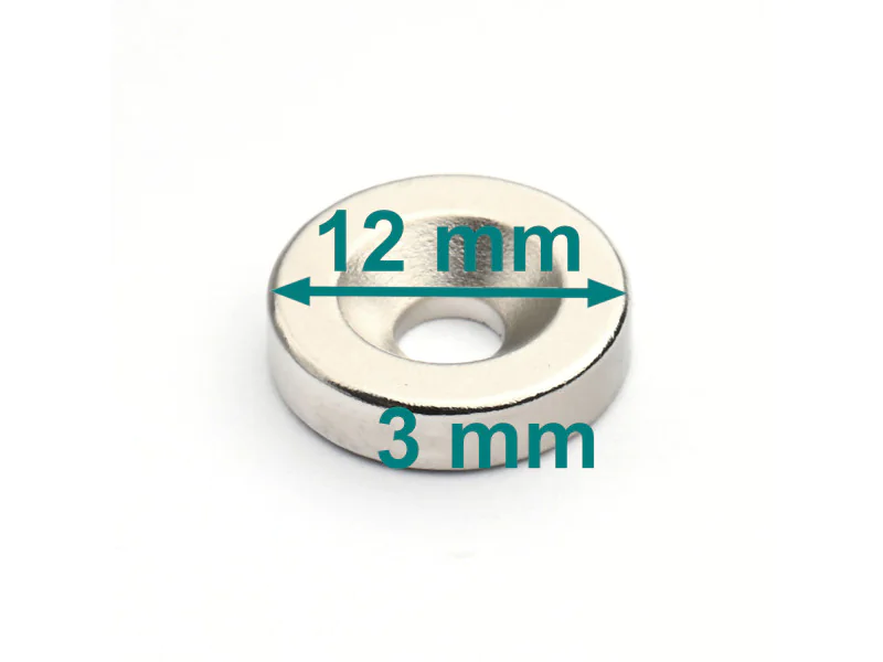 Magnes okrągły, pod wkręt — ⌀12 mm, ⌀7,2/⌀3,6 mm, 3 mm — neodymowy Magnes okrągły, pod wkręt — ⌀12 mm, ⌀7,2/⌀3,6 mm, 3 mm — neodymowy