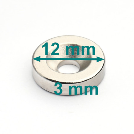 Magnes — średnica ⌀12 mm, otwór ⌀7,2/⌀3,6 mm, wysokość 3 mm — neodymowy (N38)