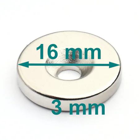 Magnes okrągły z otworem pod wkręt — średnica ⌀16 mm, ⌀7,2/⌀3,6 mm, wys. 3 mm — neodymowy (N38)