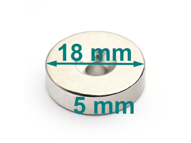 Magnes okrągły, pod wkręt — ⌀18 mm, ⌀7,2/⌀3,6 mm, wys. 5 mm — neodymowy (N42)